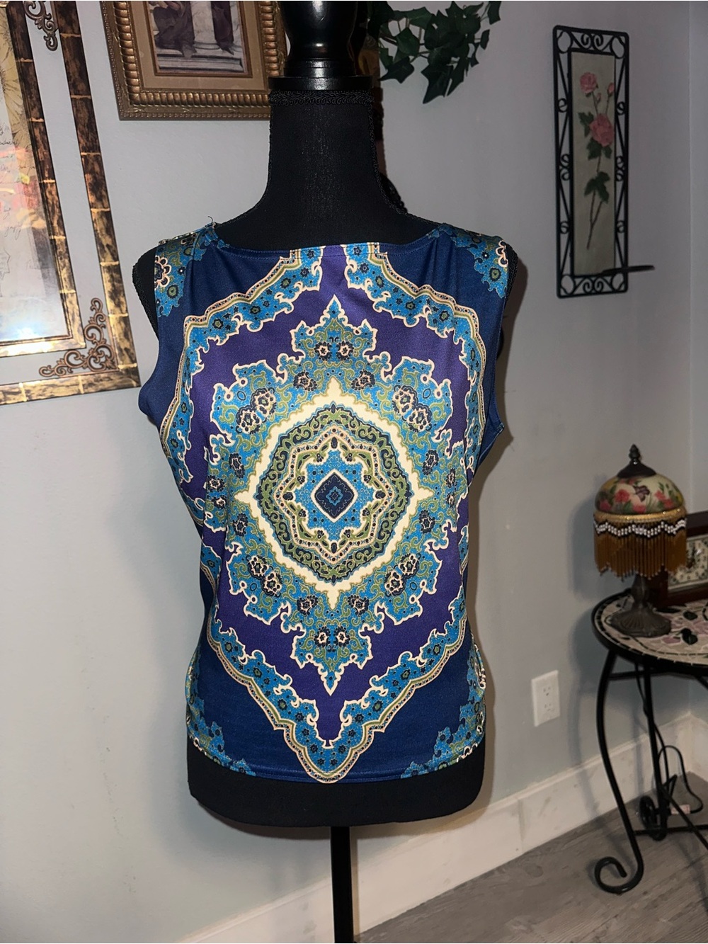Vintage 90s Carol Rose Blue Green Purple Geometric Crew Neck Tank Top, Size L/XL